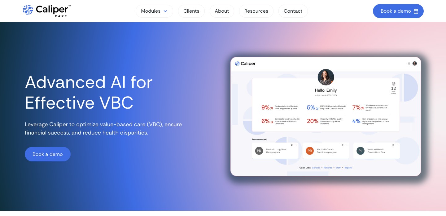 Caliper website homepage: Advanced AI for Effective VBC, with the dashboard card